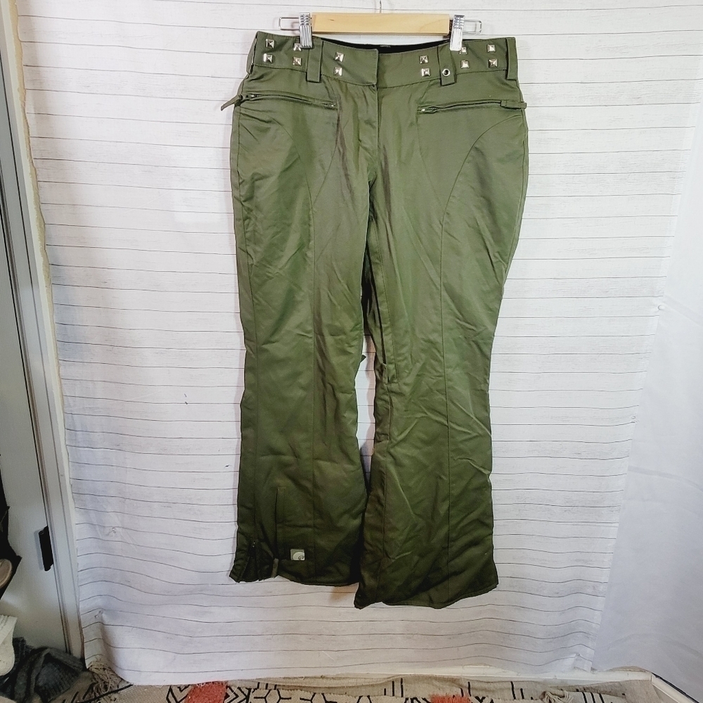 POWDER ROOM OLIVE GREEN STUDDED SNOWBOARD PANTS, SZ MEDIUM
